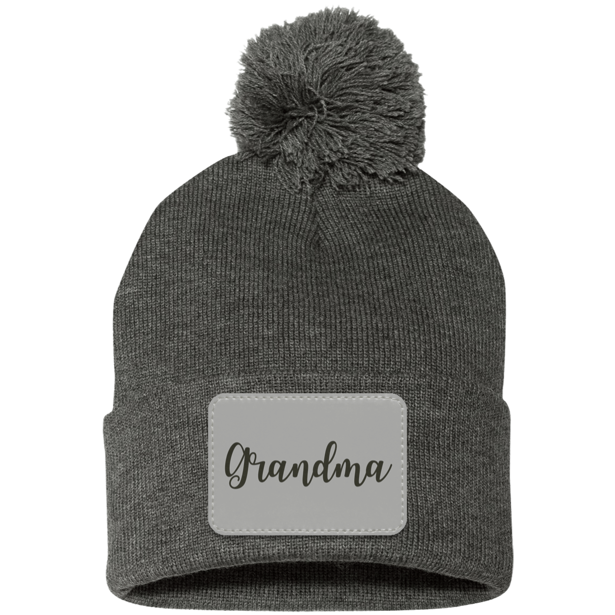 Grandma Pom Pom Beanie w/ Gray Patch