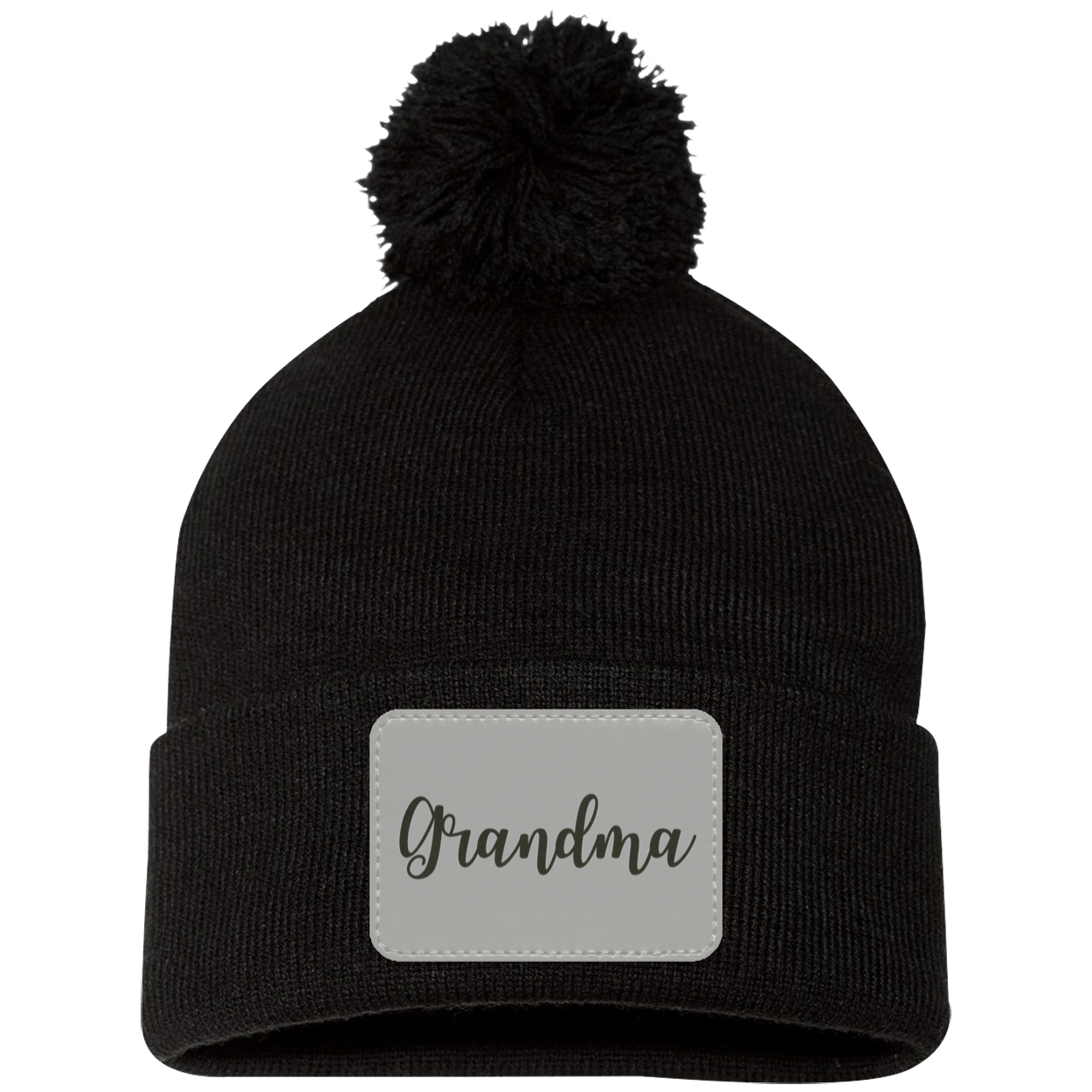 Grandma Pom Pom Beanie w/ Gray Patch