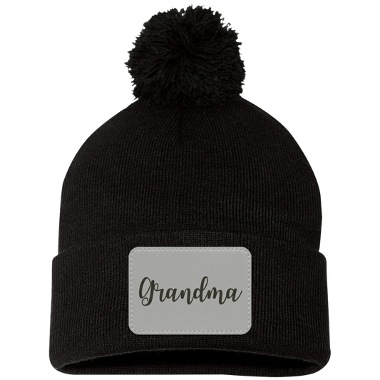 Grandma Pom Pom Beanie w/ Gray Patch