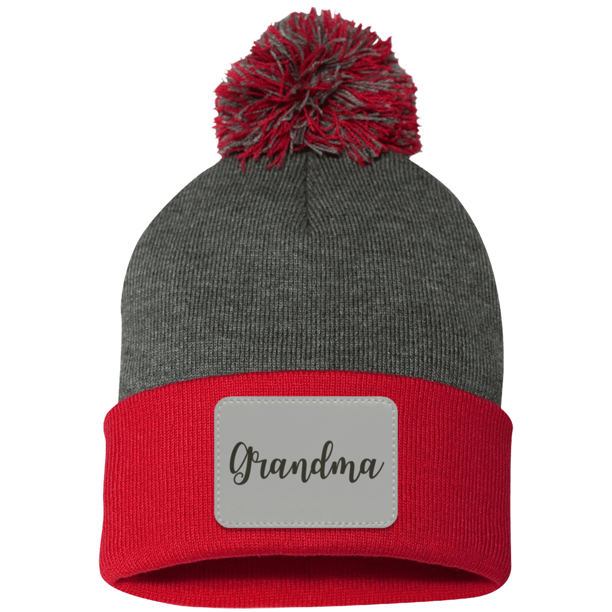 Grandma Pom Pom Beanie w/ Gray Patch