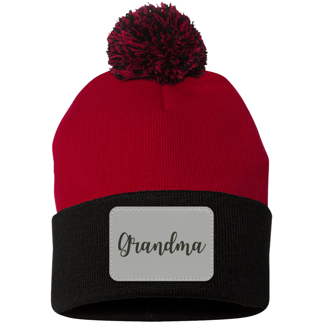 Grandma Pom Pom Beanie w/ Gray Patch