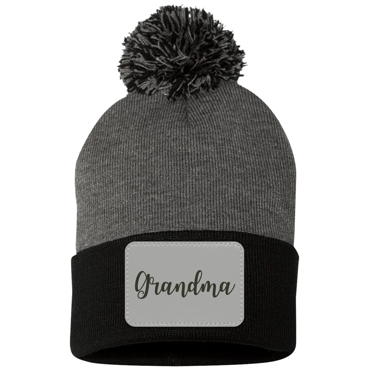 Grandma Pom Pom Beanie w/ Gray Patch