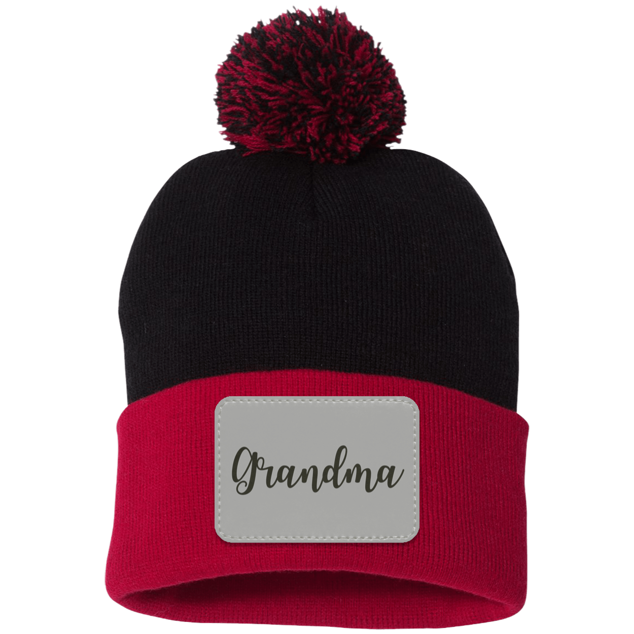 Grandma Pom Pom Beanie w/ Gray Patch