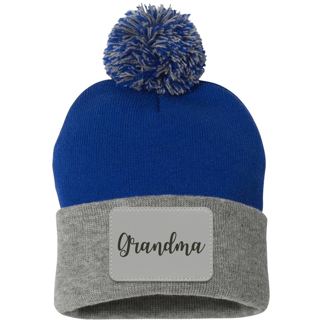 Grandma Pom Pom Beanie w/ Gray Patch